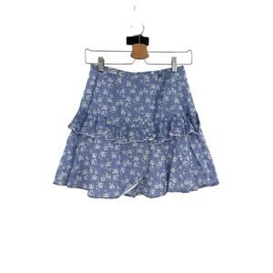 Kisuii Floral Ruffle Mini Skirt Blue Silk Blend Tiered Womens XS Boho